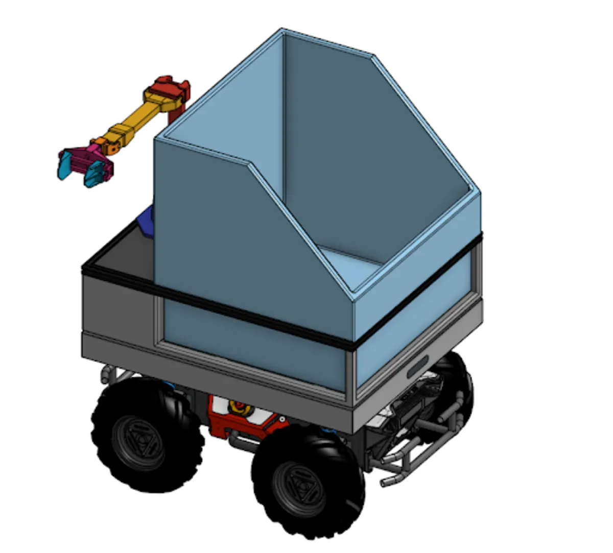 The same CAD drawing of an early stage development prototype of a robot from a different perspective.