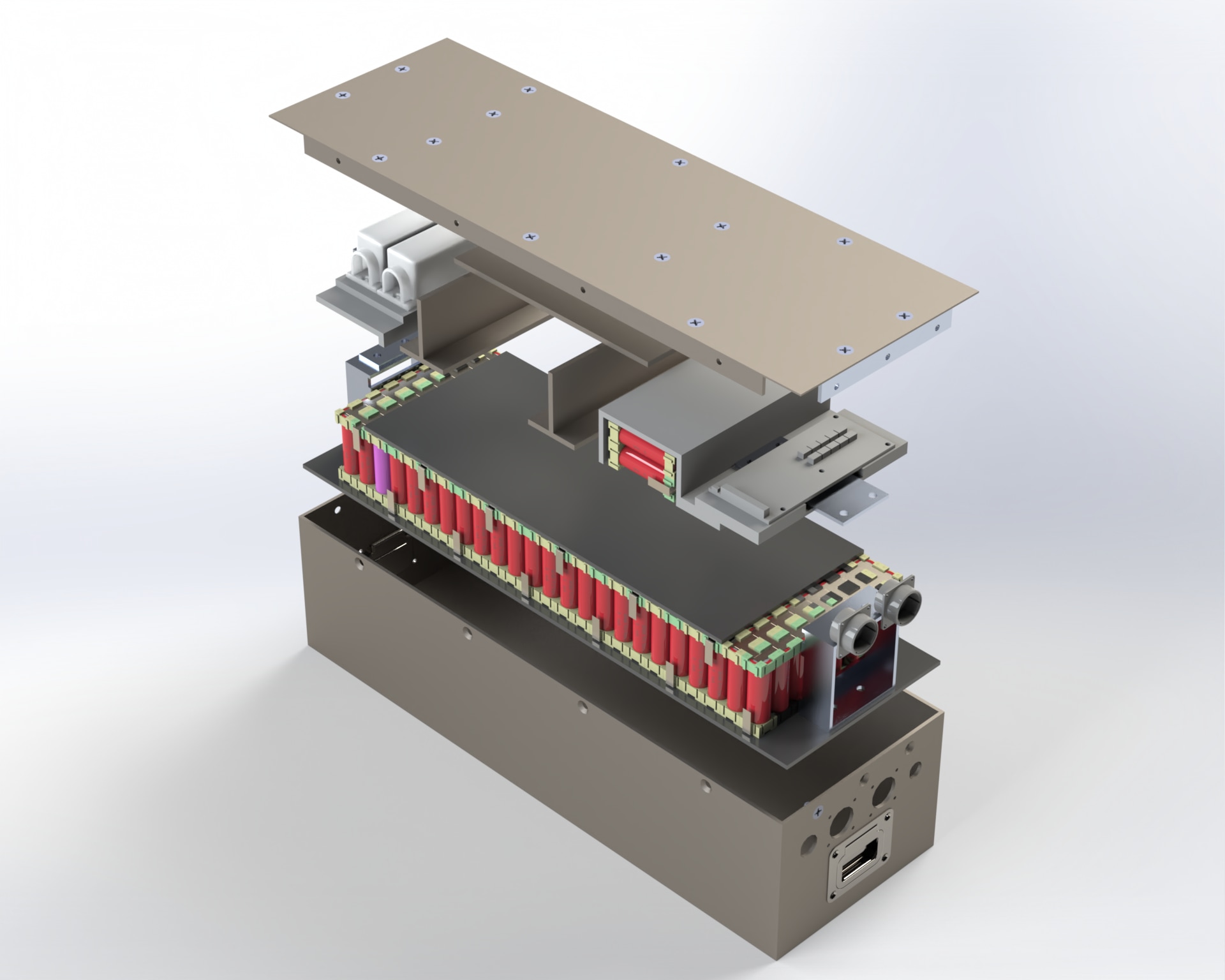 An image of the 3D CAD renders of the battery pack from an isometric perspective.