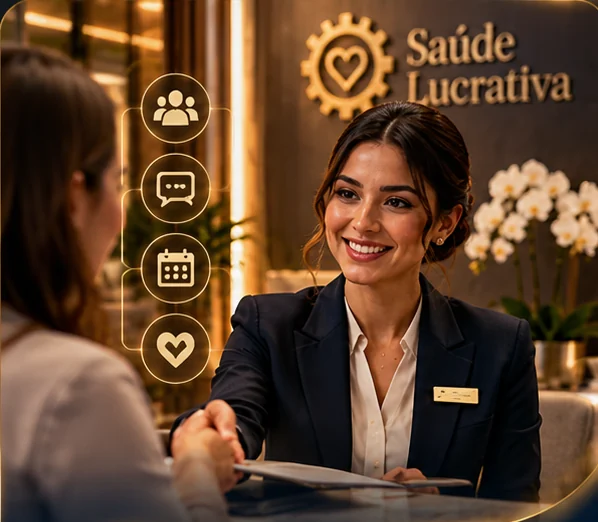 Profissional da recepção acolhendo uma paciente em um ambiente elegante