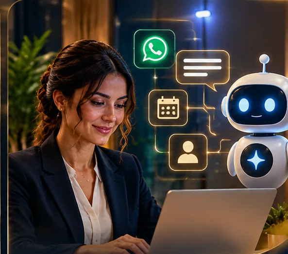 Recepcionista trabalhando com tecnologia de mensagens, agenda e inteligência artificial