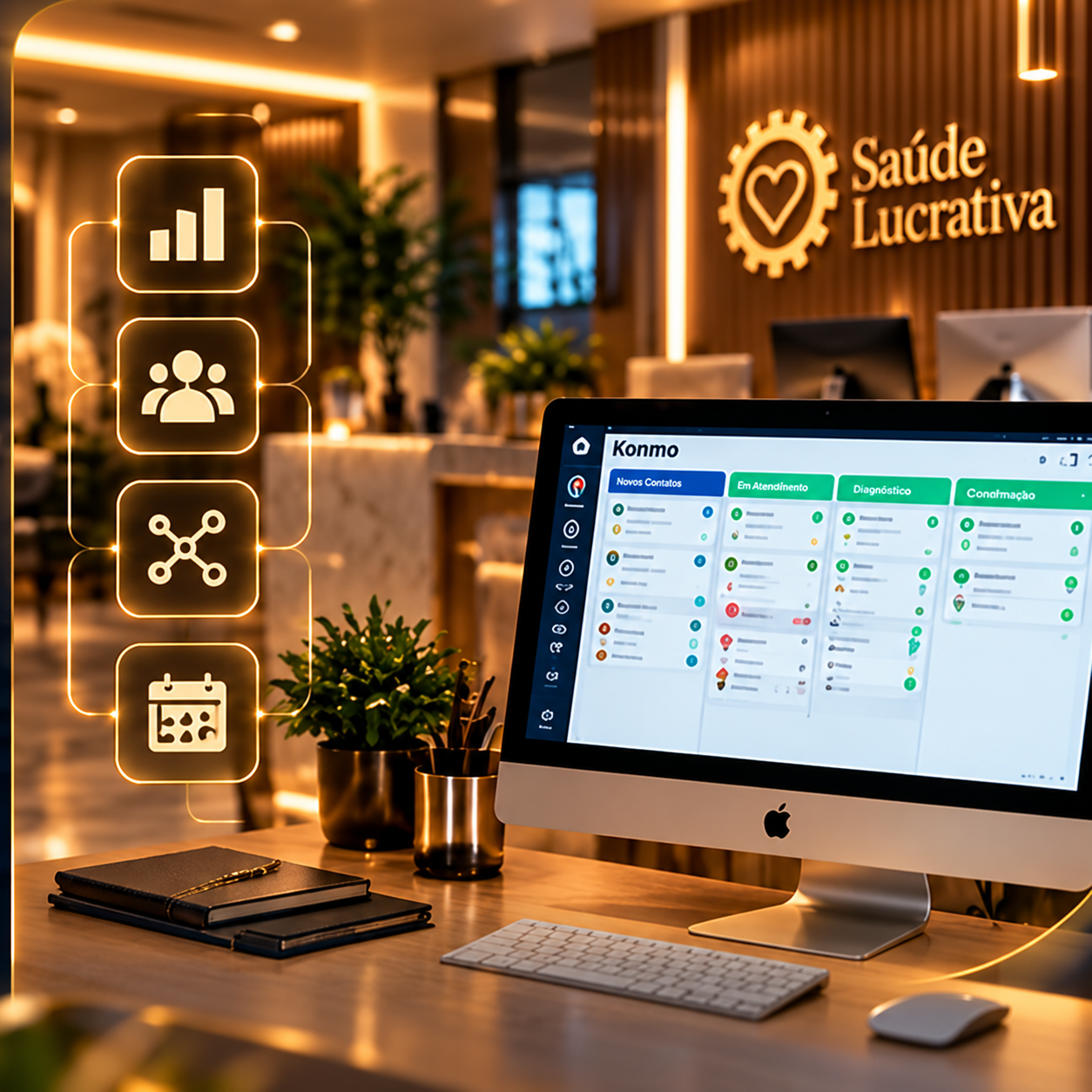 Recepção moderna com sistema de CRM e recursos de gestão de contatos e agenda