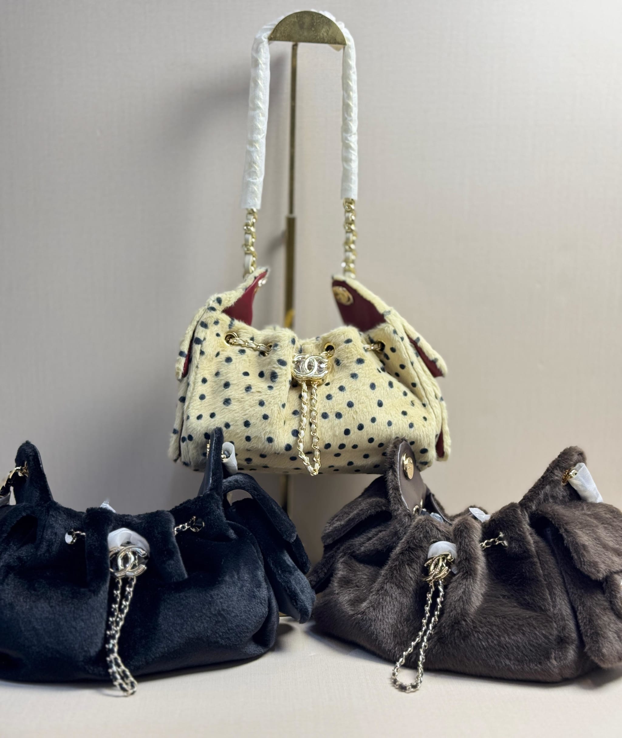 Chanel-Style Plush Faux Fur Drawstring Shoulder Bag