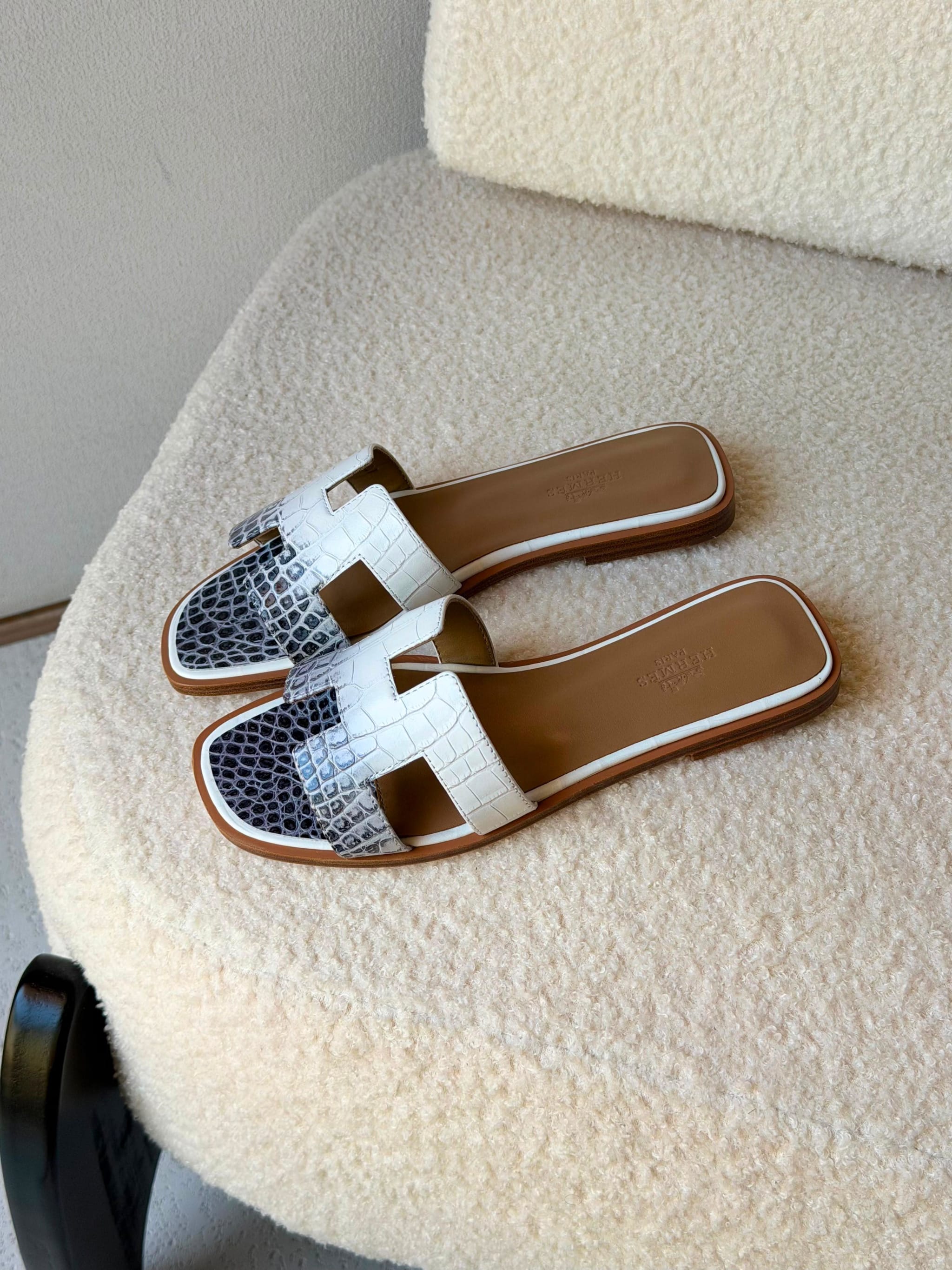 Hermes Croc-Embossed Flat Sandals