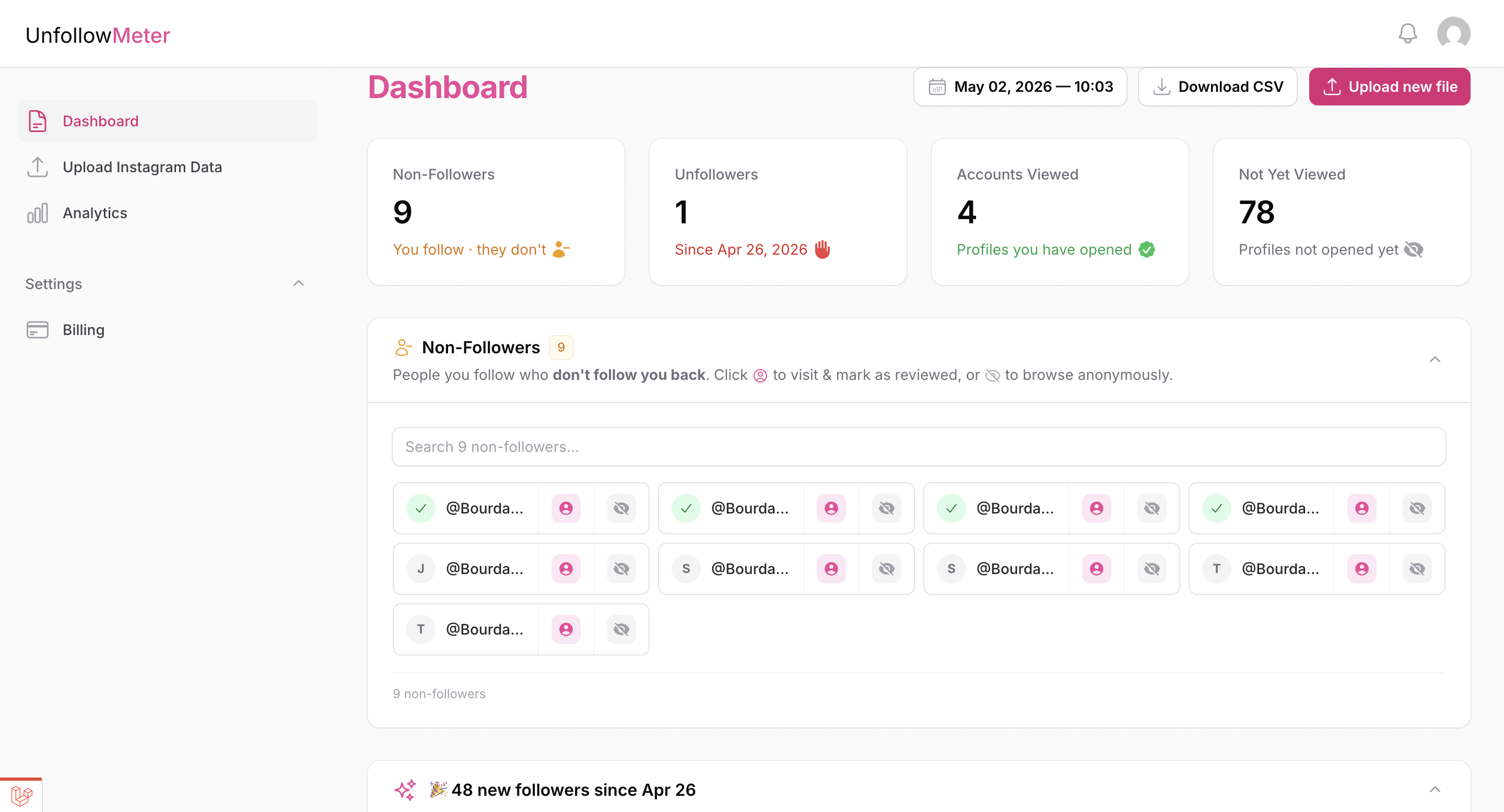 UnfollowMeter dashboard showing who unfollowed you on Instagram