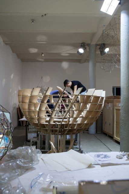 At Studio Olafur Eliasson, preparing a structure for a new sphere work