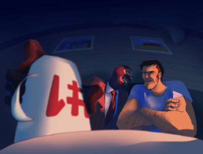 Vizatim i Spiunit dhe Snajperit nga "Team Fortress 2" ulur brenda furgonit të Snajperit, me Spiunin që vështron Snajperin me një buzëqeshje ndërkohë që mban një gotë me shkrimin "#1" kokë poshtë në tryezë