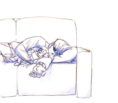 Skauti nga "Team Fortress 2" me një prej fëmijëve të tij duke fjetur në divan