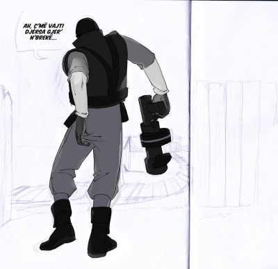 Demoman nga "Team Fortress 2" duke tërhequr të brendshmet nga djersa