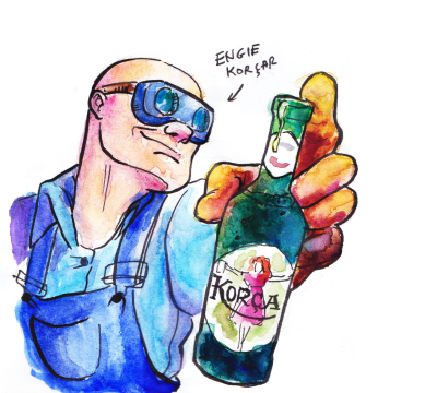 Portret me bojëra uji i Inxhinierit nga "Team Fortress 2" duke mbajtur një shishe birrë "Korçe"