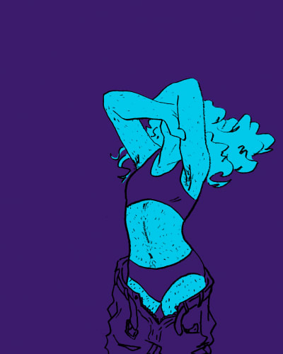 Vizatim i një vajzeje në të brëndshmet me xhinset që janë duke rënë, duke fshehur fytyrën me krahët e saj