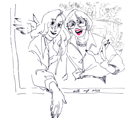 Vizatim me stilolaps i një fotografie të Donës me mbesën e saj, QtCinderella. Fotoja mbart shënimin "Me mbesën time"