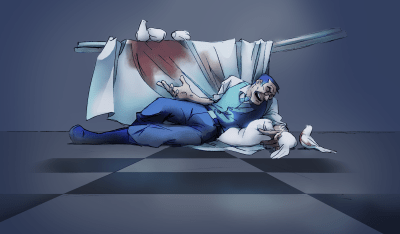 Vizatim i Medic nga "Team Fortress 2" shtrirë në dyshemenë e laboratorit të tij ndërkohë që flet me pëllumbat e tij