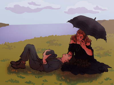 Vizatim i dy vajzave të ulura në bar duke parë njëra-tjetrën, njëra shtrirë me kokën në prehrin e tjetrës, ndërsa vajza tjetër mban një çadër