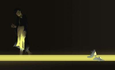 Vizatim i Janusit nga "Sanders Sides" duke ecur me këmbë të zbehura, duke parë mbrapa këpucët e tij