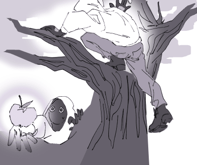 Vizatime bardhë e zi të personazhit të oldkamelle duke u ngjitur në një pemë dhe duke zgjeruar dorën drejt një molle