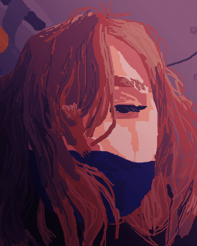 Vizatim i fytyrës së një vajze që mban një maskë spitali në fytyrë, flokët e saj kafe fshehin gjysmën e fytyrës së saj