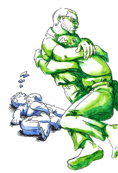 Dy vizatime me bojëra uji të Janusit dhe Loganit nga "Sanders Sides" duke dremitur së bashku