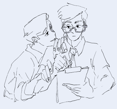 Vizatim i Janusit nga "Sanders Sides" duke u mbështetur në supin e Loganit me një buzëqeshje të vogël, ndërkohë që i kap butësisht krahun Loganit në mes të shkrimit