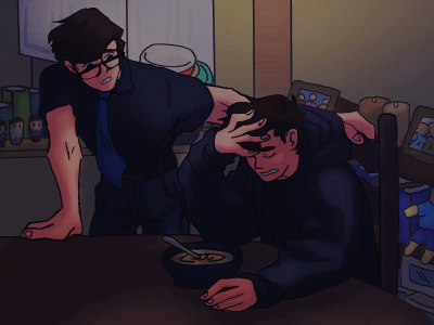 Vizatim i Tomasit nga "Sanders Sides" i dëshpëruar përpara një pjate me supë, ndërkohë që Logani qëndron pranë tij i shqetësuar