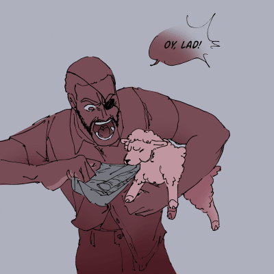 Demomani që mban delen në një krah, duke tërhequr kapuçin që delja po kafshon, ndërkohë që ai bërtet "Oj, djalosh!"