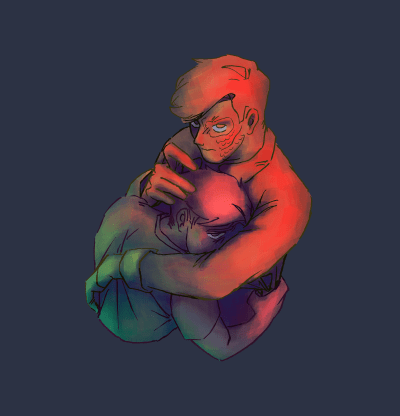 Vizatim i Tomas nga "Sanders Sides" duke u fshehur në një përqafim me Janus, i cili po shikon lart i zemëruar