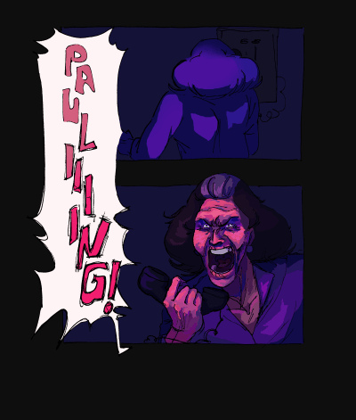 Vizatim i Administratores nga "Team Fortress 2" duke u kthyer me inat me një telefon në dorë ndërkohë që bërtet "Pauling!"