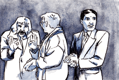 Vizatim me bojëra uji i dy personazheve duke folur, ndërkohë që një i tretë shikon tutje