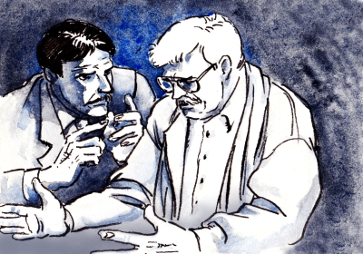 Vizatim me bojëra uji i një personazhi duke menduar thellë, ndërkohë që një i dytë dëgjon me vëmendje e anticipim