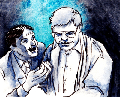 Vizatim me bojëra uji i një personazhi i zymtë dhe një tjetër duke e parë me gëzim