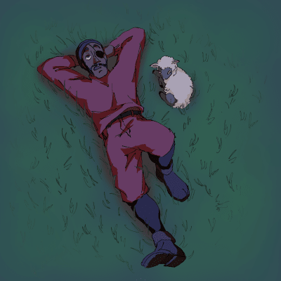 Demoman nga "Team Fortress 2" shtrirë në një fushë pranë një deleje të vogël