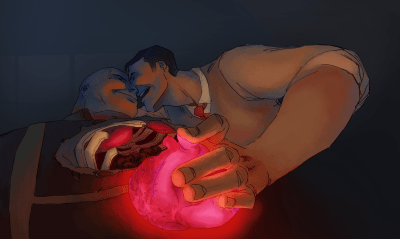 Vizatim i Mjekut dhe Heavy nga "Team Fortress 2" në laboratorin e Mjekut, ku Mjeku po mban zemrën e Heavy-t