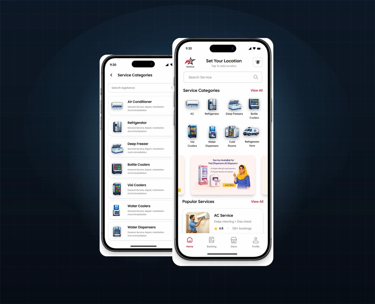 Megaa App — Home-services booking app, three panels