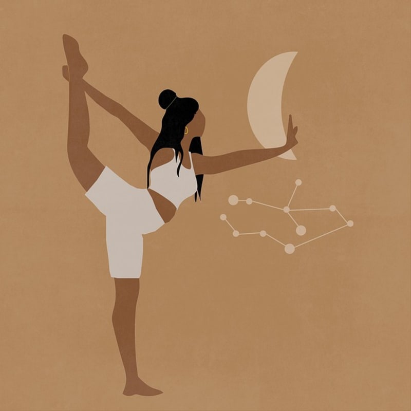 Graceful woman in yoga pose with celestial moon and constellation elements, embodying the phenomenal grace, style, and spiritual strength celebrated in Maya Angelou's poem