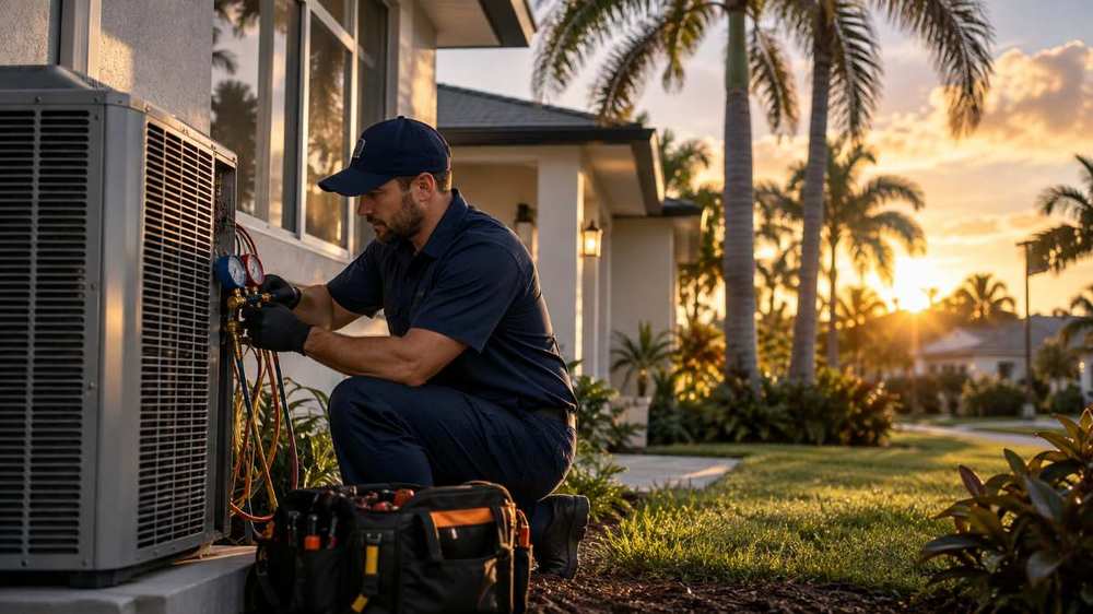HVAC technician servicing an outdoor air conditioning unit at a Florida home