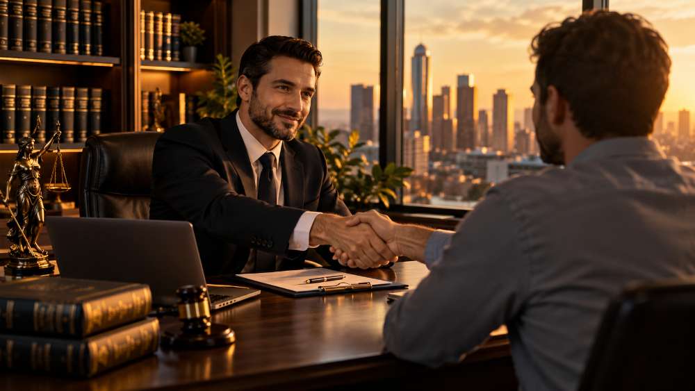 Attorney shaking hands with a client across a desk in a modern law office