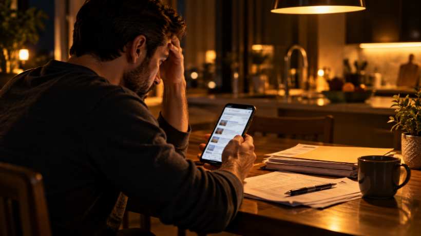 Person at a kitchen table searching for a lawyer on a phone at night
