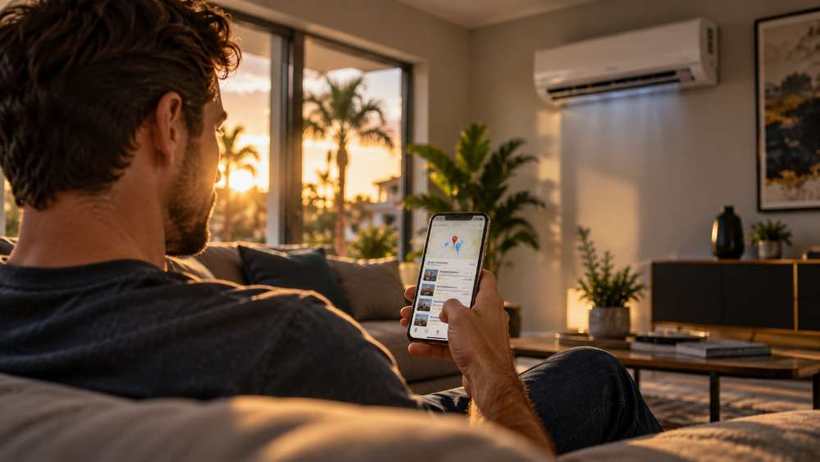 Homeowner using a phone to search for local AC repair services