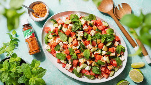 Agurk- og vannmelonsalat med feta og Tajin