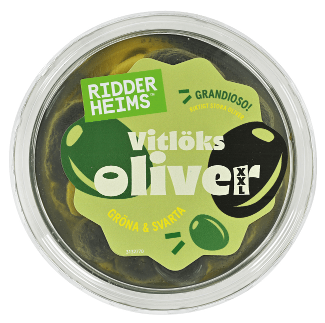 Ridderheims italienske oliven m/sten hvitløk 470 g