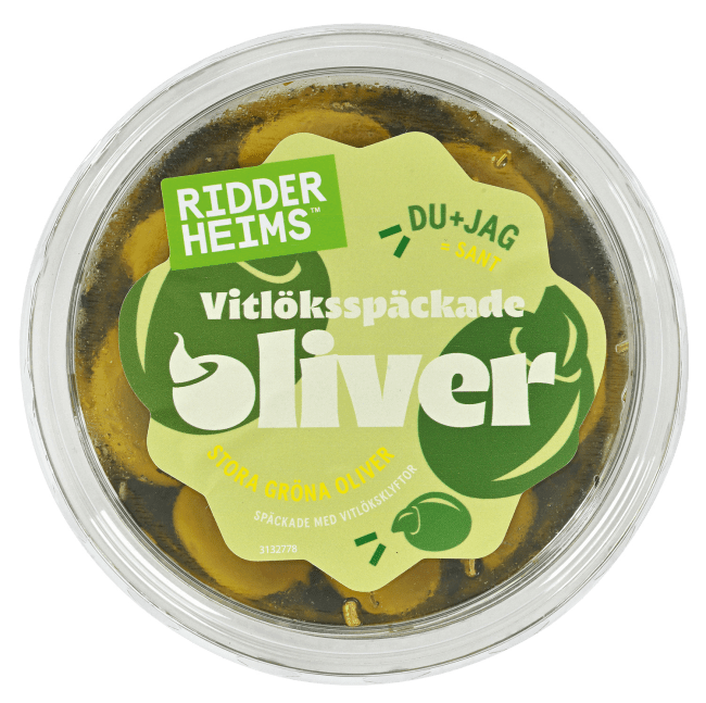 Ridderheims grønne oliven m/hvitløk 175 g