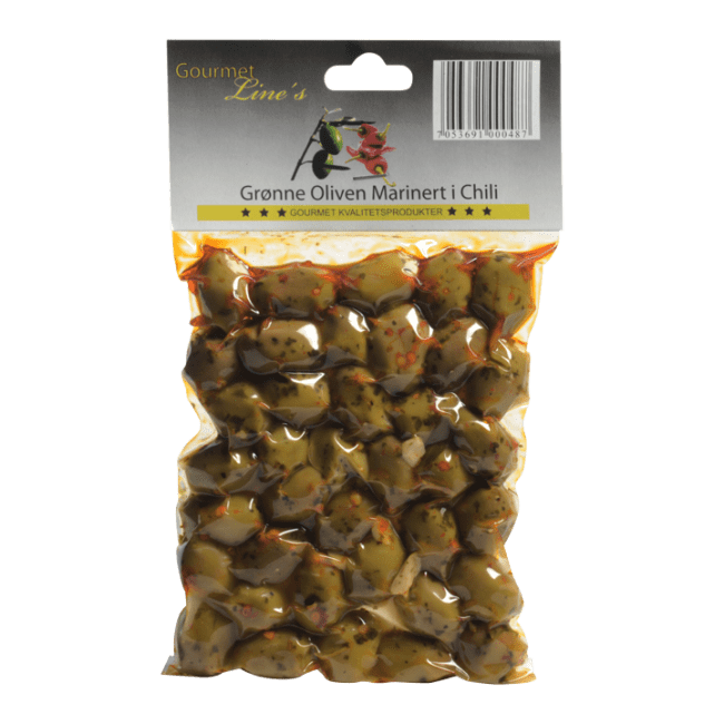 Gourmet Line's oliven grønn m/sten m/chili 250 g