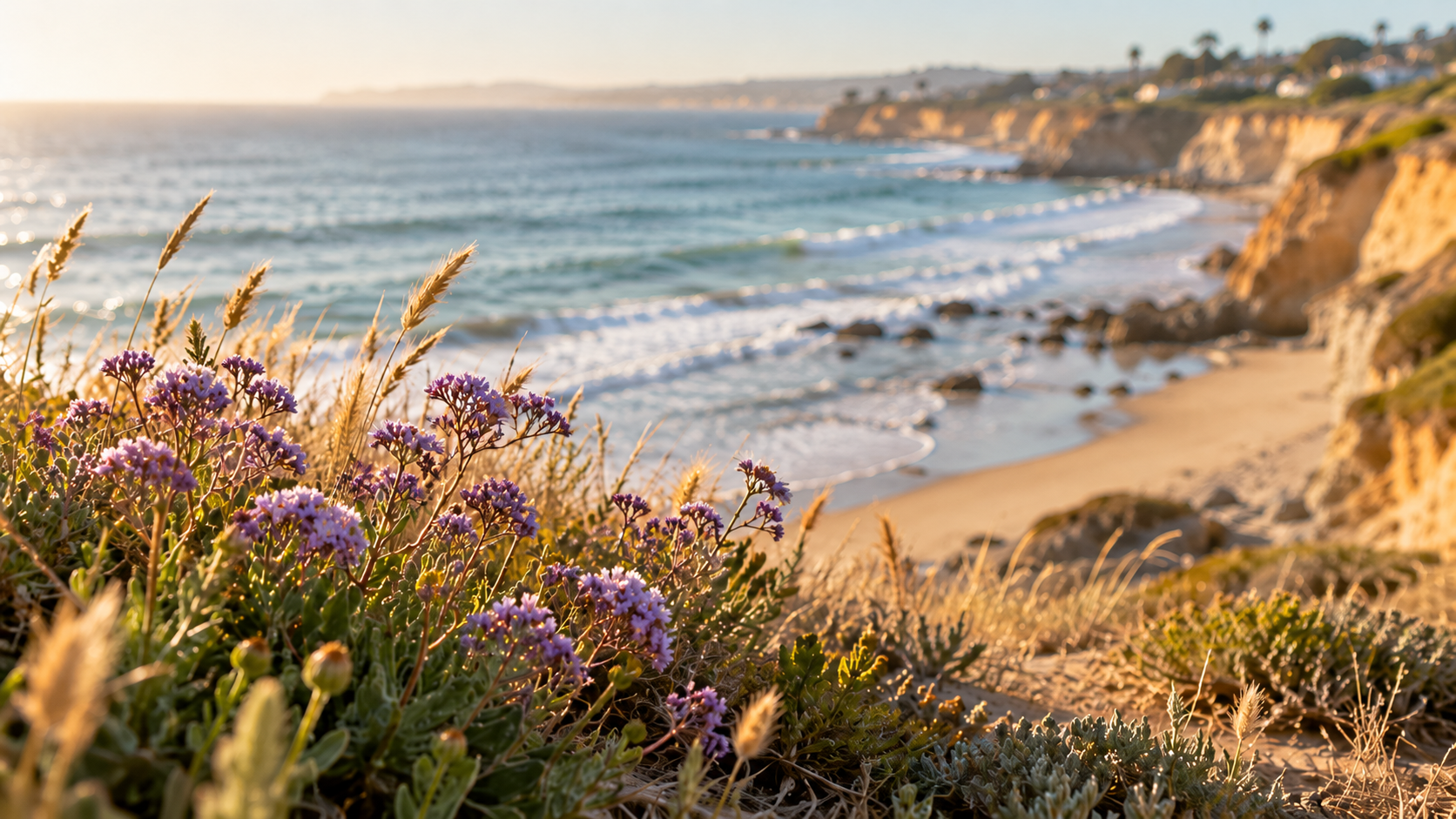 Sea lavender flowers blooming on a California coastal cliff overlooking the beach and Pacific Ocean, representing ALLEGRE's California-inspired coconut-soy candle collection.