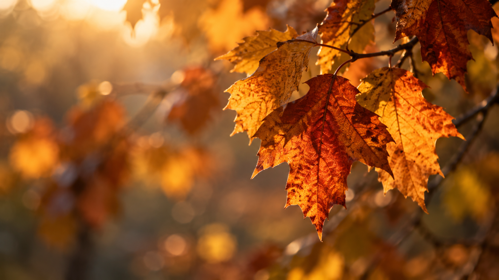 Golden and rust-orange autumn maple leaves glowing in warm sunlight, representing ALLEGRE's Fall Collection of cozy seasonal scented candles.