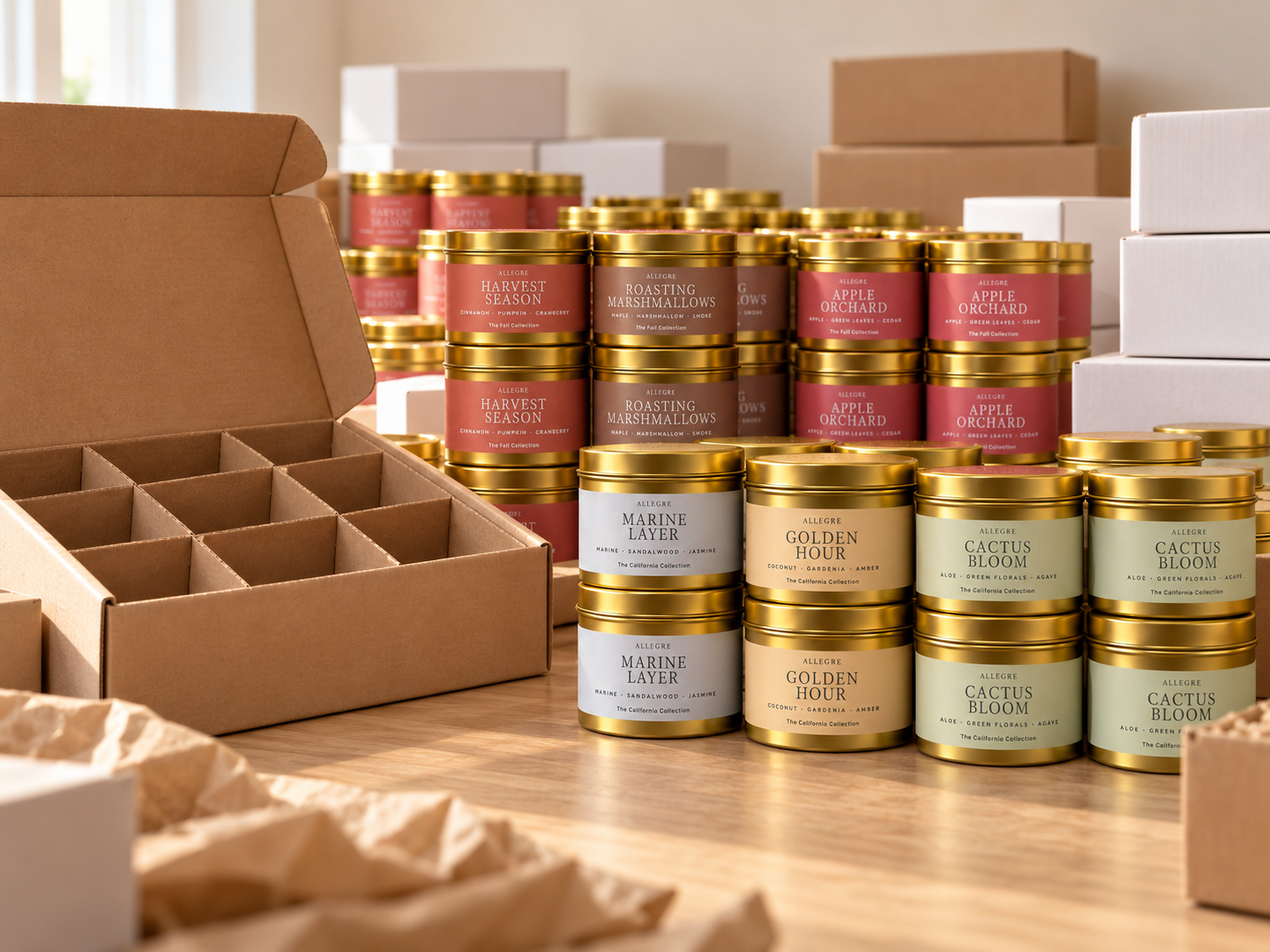 ALLEGRE coconut-soy candles in gold tins arranged at a candle packing station for custom gifting, special events, and wholesale orders.