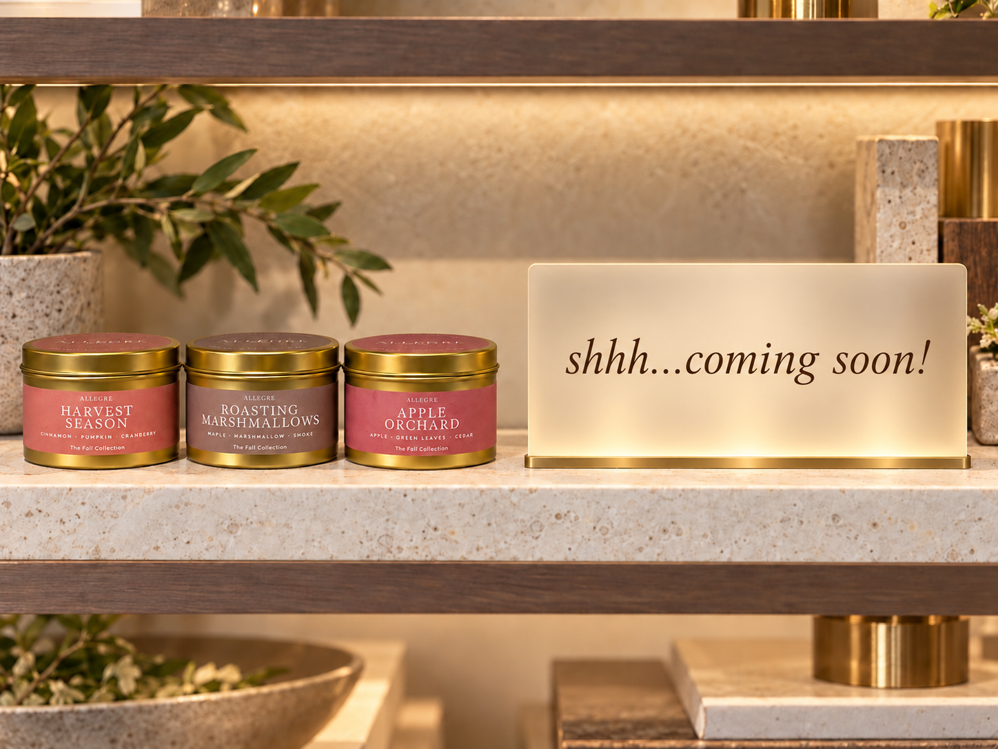 ALLEGRE luxury coconut-soy candles displayed in gold tins on a boutique retail shelf, featuring Fall Collection scents Harvest Season, Roasting Marshmallows, and Apple Orchard, alongside a sign previewing the upcoming California Collection of Marine Layer, Golden Hour, and Cactus Bloom.