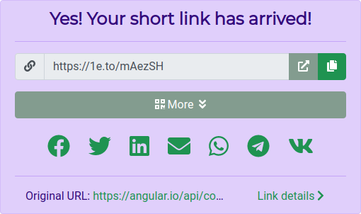 A shortened link and its social share buttons.