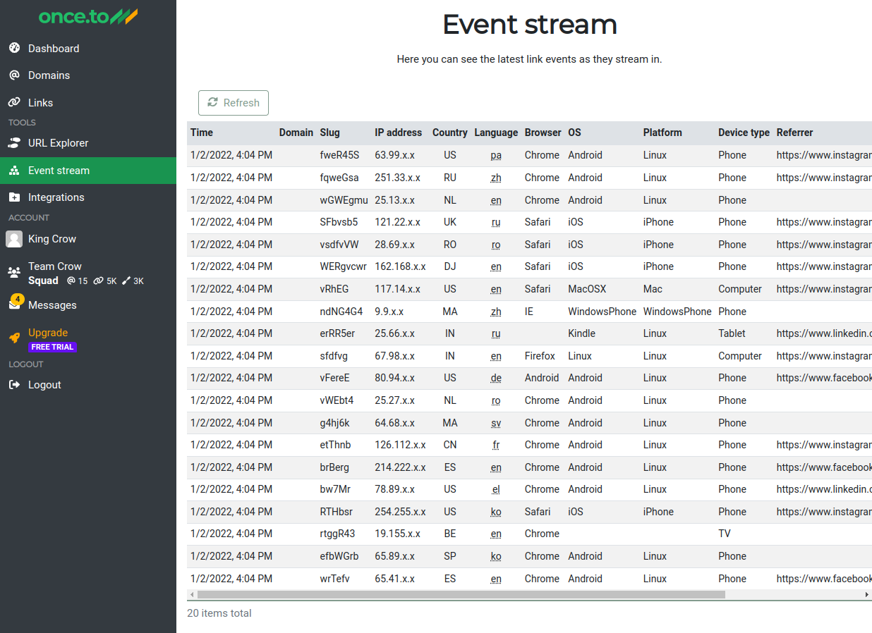 The Event stream page.