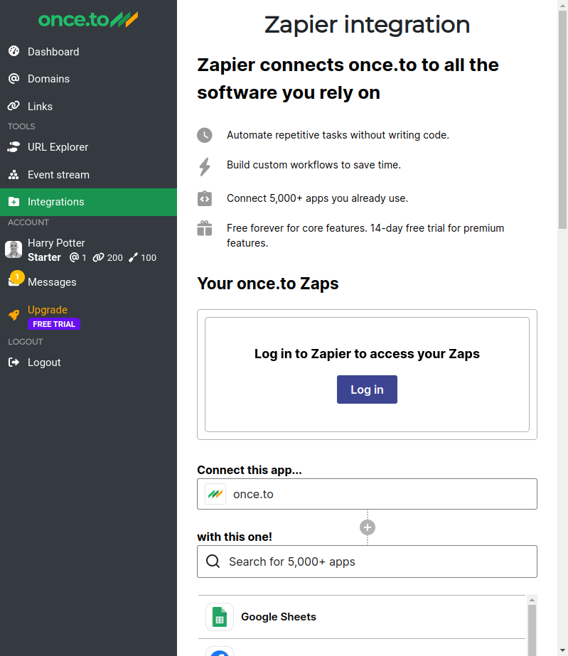 Full Zapier Experience inside the once.to web application.