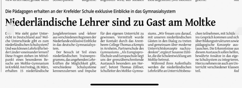 Krantenknipsel uit Duitse krant – artikel over het bezoek van onze trainees uit Nederland als onderdeel van hun internationale uitwisselingsmodule.