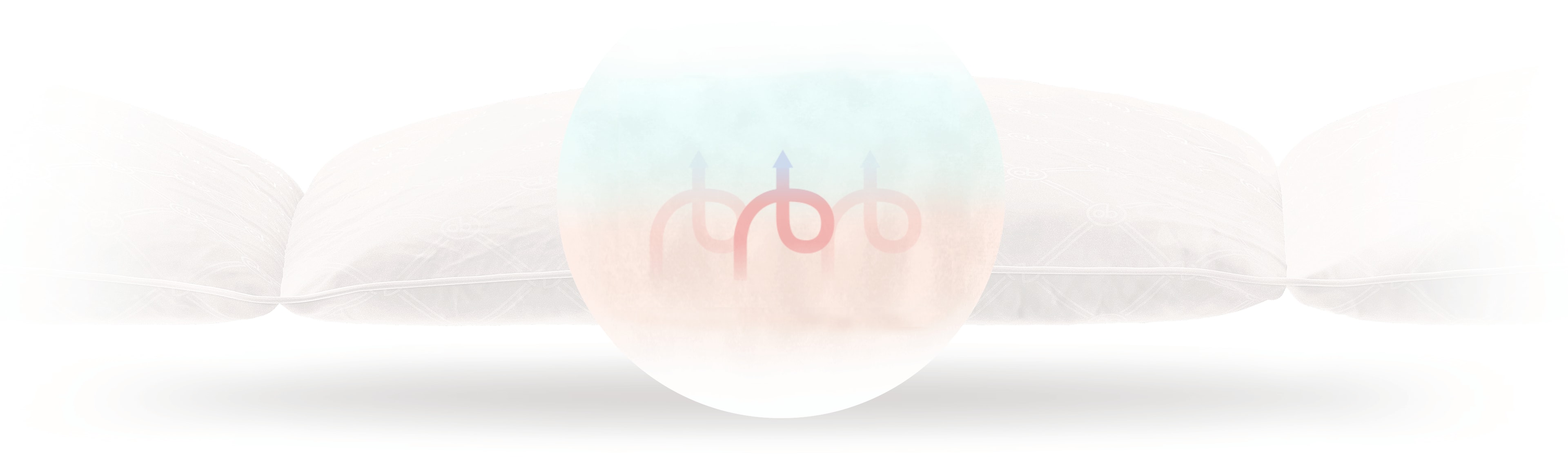 Arrows starging red and ending blue going from under the Onebed Quilt to above it